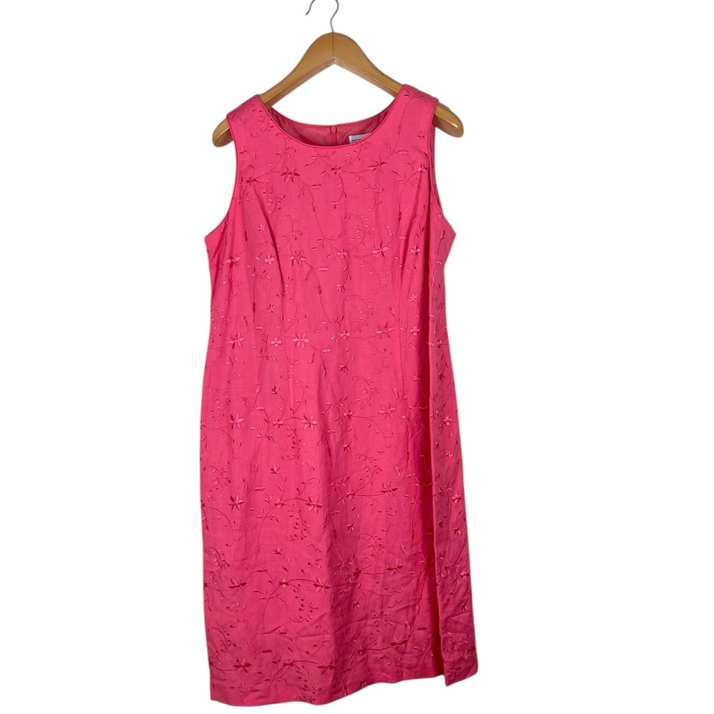Vintage Jessica Howard Pink Linen Dress Floral Embroidery Women’s Size 14 Boho